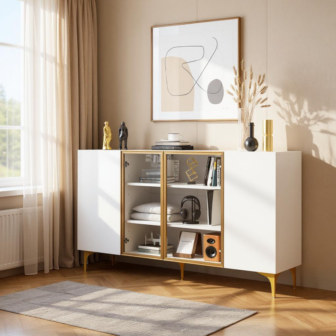 FurnitureR Schrank mit 4 Türen, MDF, Glas und Metall, Design Asymétrique, für einen Schrank unter der Treppe, 150 cm