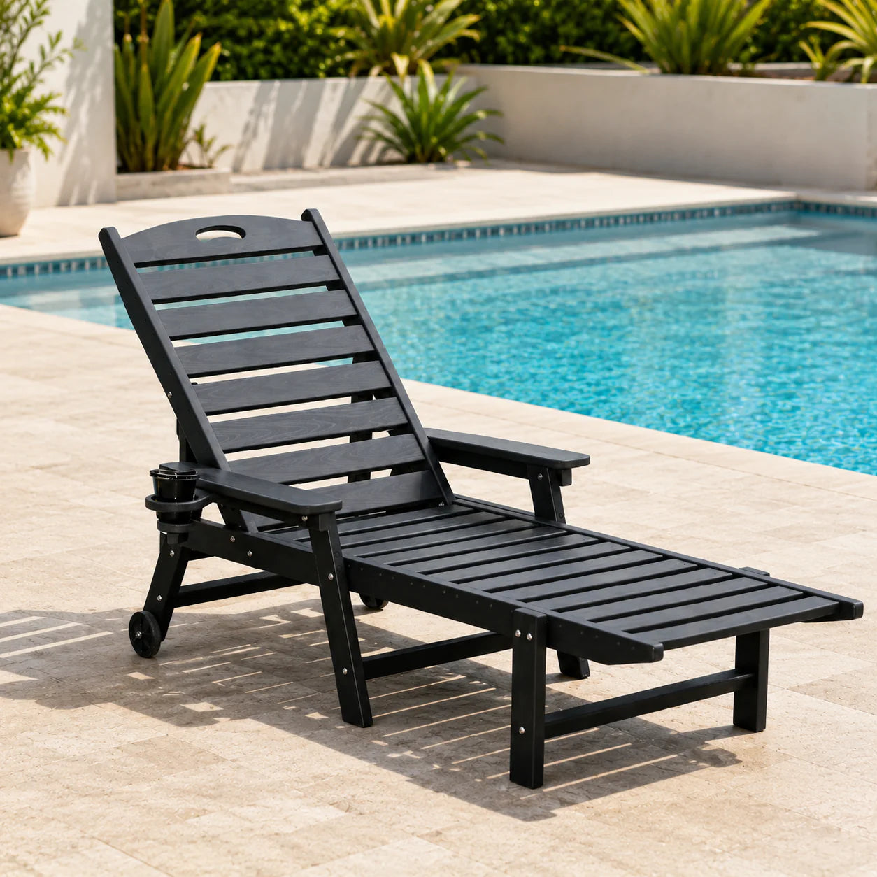 FurnitureR HDPE Outdoor Chaise Lounge Chair, 4-Position Adjustable Patio Recliner with Wheels, Cup Holder & Armrests for Poolside, Black