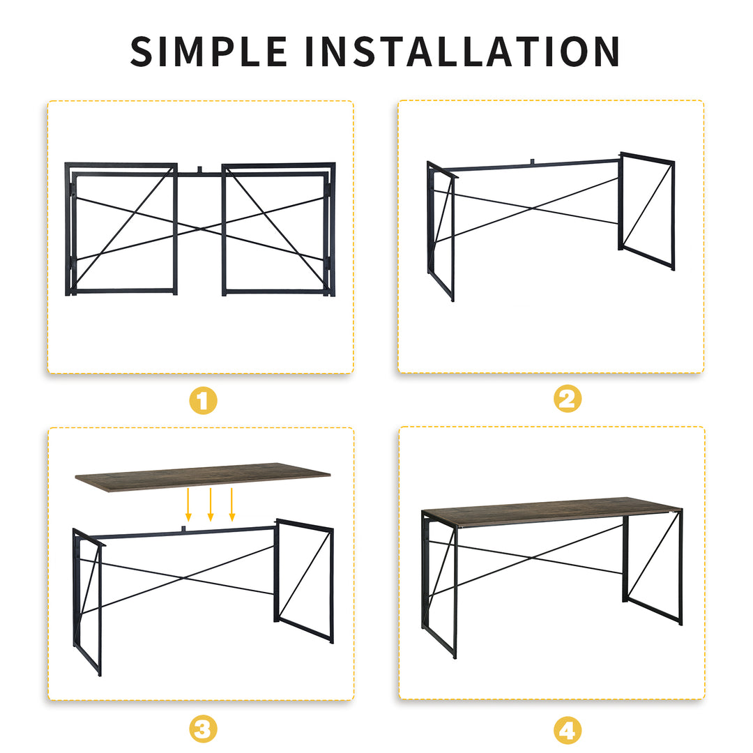 FurnitureR Foldable Industrial Desk with Rustic Wood Grain Top,Sturdy Metal Frame, Space-Saving Design for Home Office, Study, Dorm, Apartments