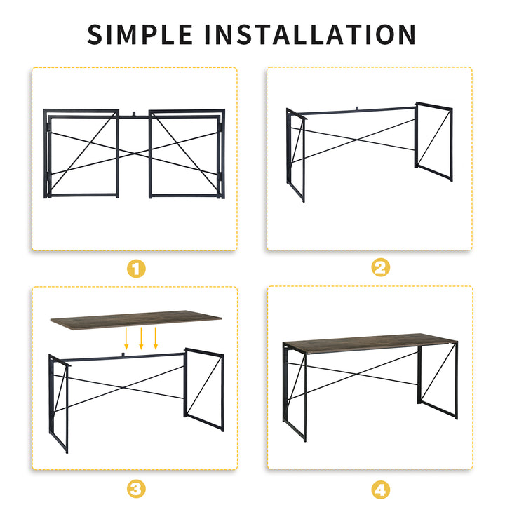 FurnitureR Foldable Industrial Desk with Rustic Wood Grain Top,Sturdy Metal Frame, Space-Saving Design for Home Office, Study, Dorm, Apartments