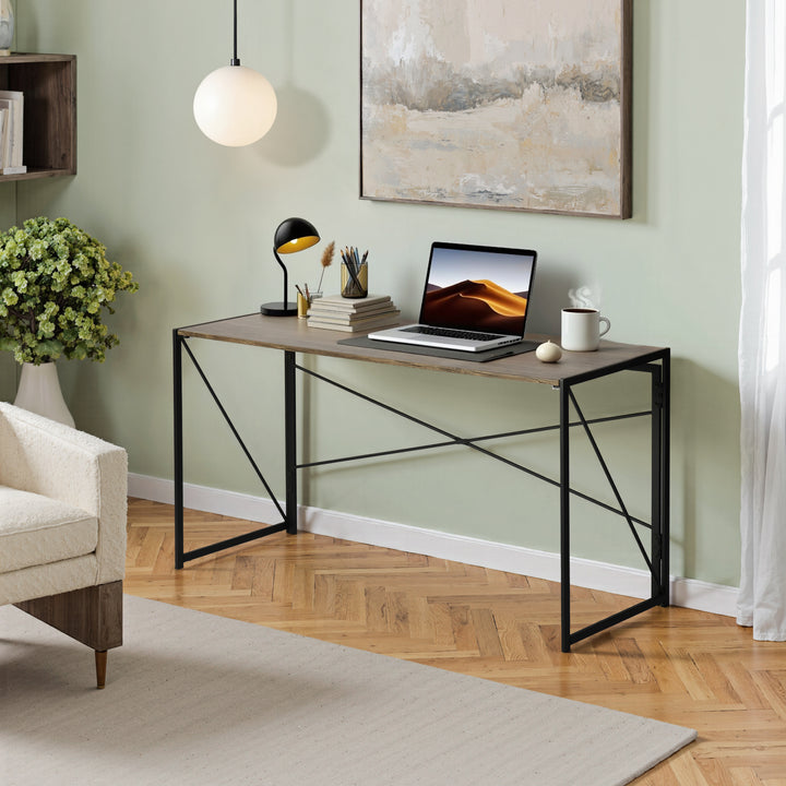 FurnitureR Foldable Industrial Desk with Rustic Wood Grain Top,Sturdy Metal Frame, Space-Saving Design for Home Office, Study, Dorm, Apartments