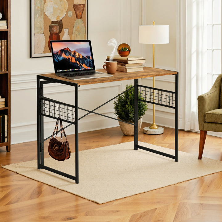 Bureau pliant FurnitureR, 100 cm (39,4 pouces), table d'étude/d'écriture peu encombrante, bureau d'ordinateur avec 8 crochets de rangement pour chambre, bureau à domicile, dortoir, marron