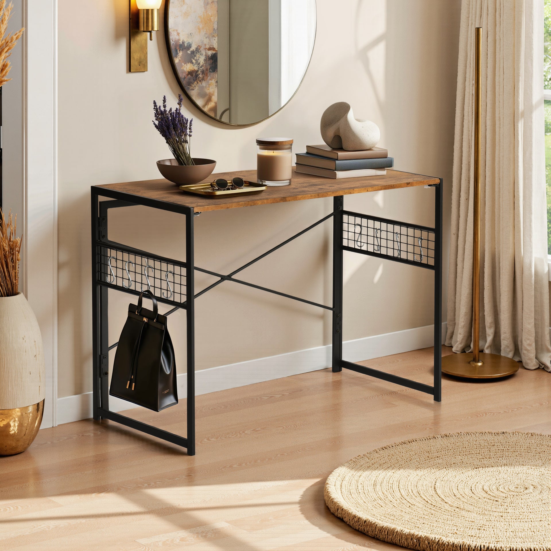 Bureau pliant FurnitureR, 100 cm (39,4 pouces), table d'étude/d'écriture peu encombrante, bureau d'ordinateur avec 8 crochets de rangement pour chambre, bureau à domicile, dortoir, marron