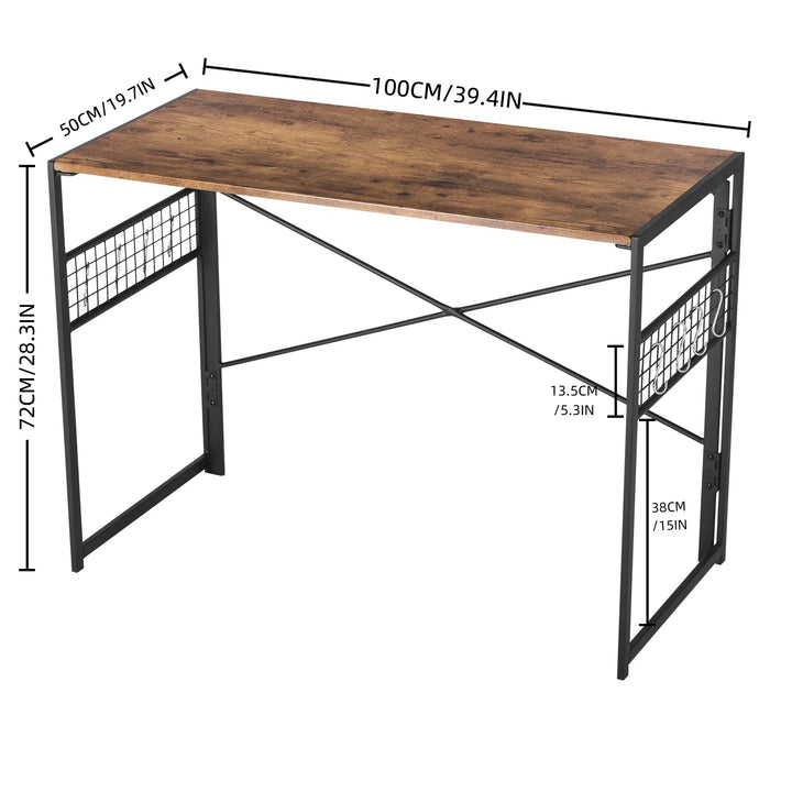 Bureau pliant FurnitureR, 100 cm (39,4 pouces), table d'étude/d'écriture peu encombrante, bureau d'ordinateur avec 8 crochets de rangement pour chambre, bureau à domicile, dortoir, marron