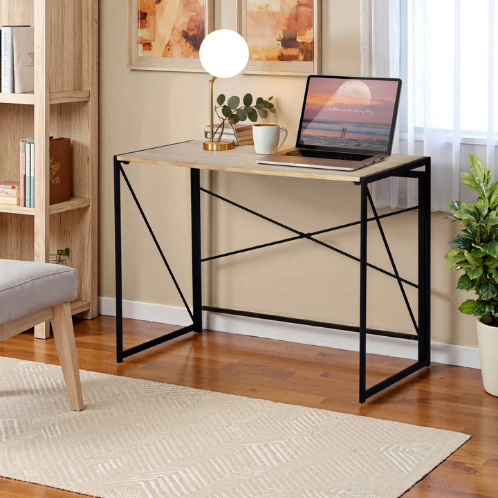 Bureau pliable FurnitureR pour la maison ou le bureau, table d'ordinateur pliable et compacte, structure en métal, 100 cm (39,4 pouces), chêne.
