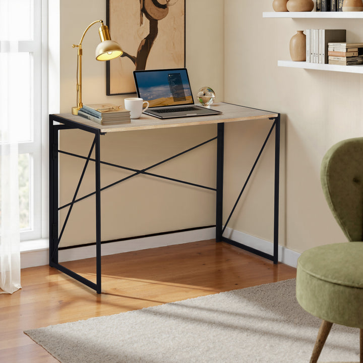 Bureau pliable FurnitureR pour la maison ou le bureau, table d'ordinateur pliable et compacte, structure en métal, 100 cm (39,4 pouces), chêne.