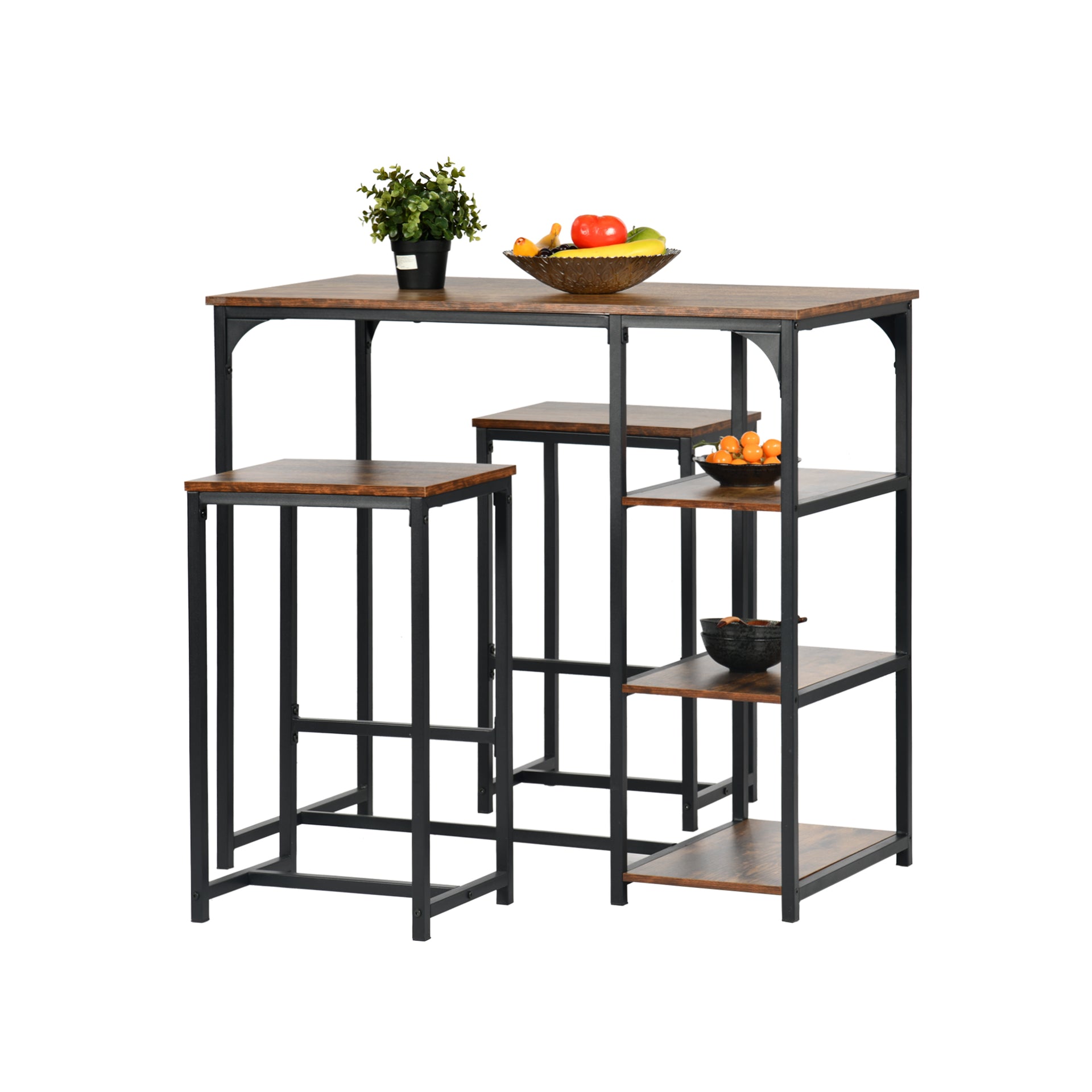 Ensemble table et chaises FurnitureR pour 2 personnes, comprenant une table de bar rectangulaire 3 pièces avec étagères latérales à 3 niveaux et tabourets, marron
