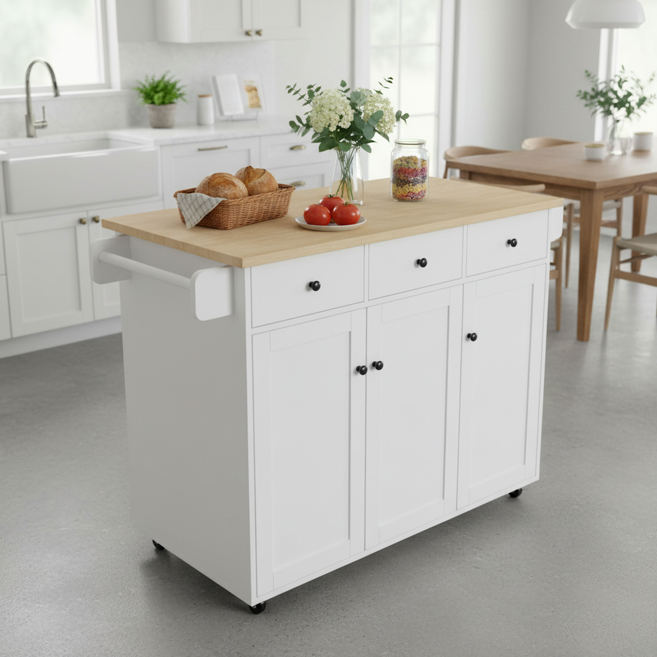 Chariot de cuisine mobile FurnitureR avec abattant rabattable, meuble de rangement de cuisine sur roulettes de 115 cm de large, table de préparation roulante gain de place, blanc