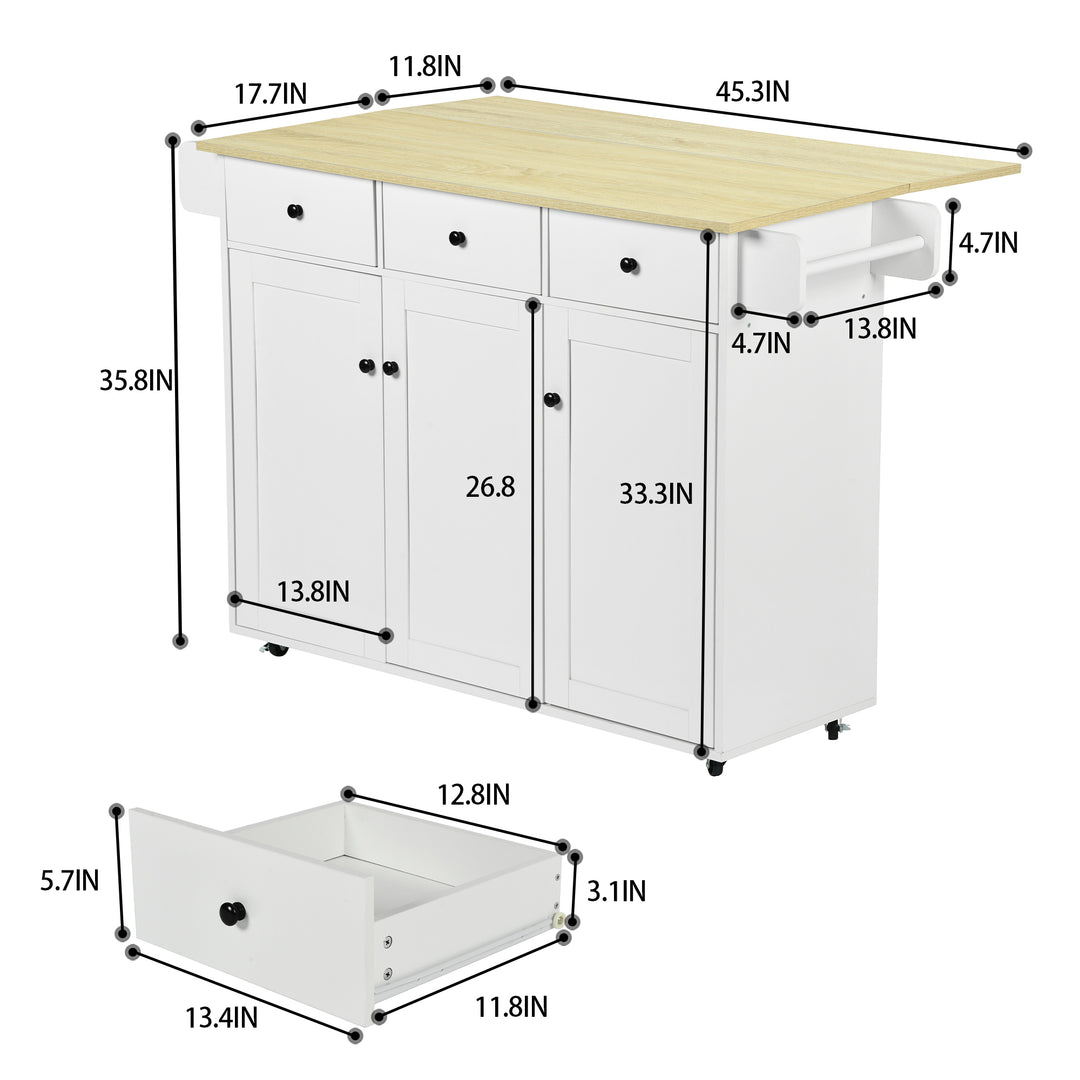 Chariot de cuisine mobile FurnitureR avec abattant rabattable, meuble de rangement de cuisine sur roulettes de 115 cm de large, table de préparation roulante gain de place, blanc