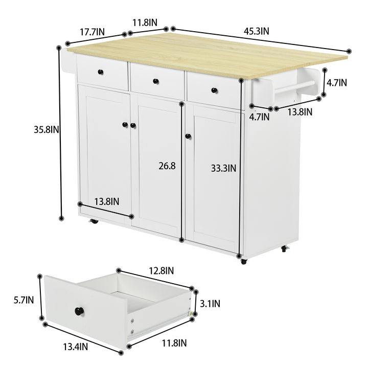 Chariot de cuisine mobile FurnitureR avec abattant rabattable, meuble de rangement de cuisine sur roulettes de 115 cm de large, table de préparation roulante gain de place, blanc