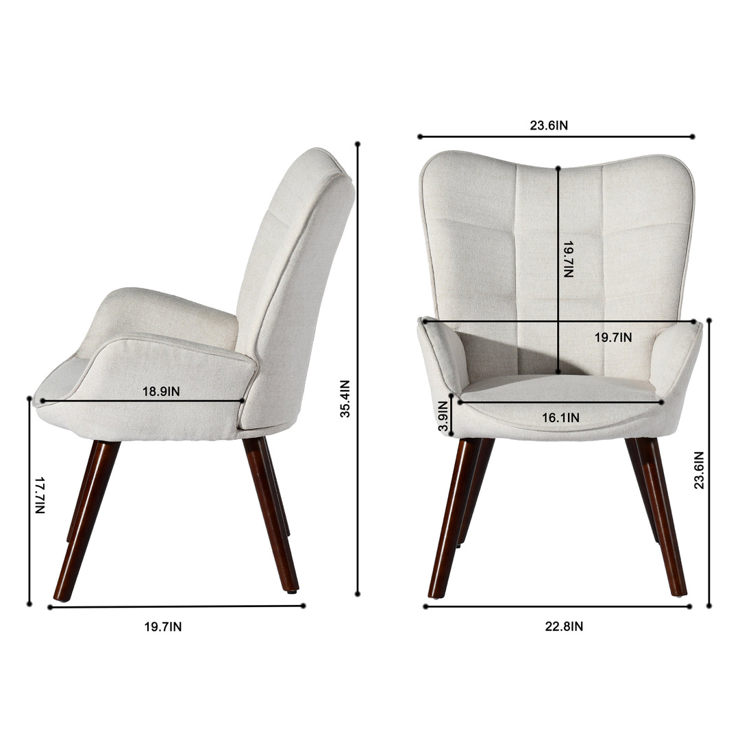 FurnitureR Ohrensessel mit Knopfheftung für Schlaf-/Wohnzimmer, ergonomischer Sessel mit hoher Rückenlehne, Stoffbezug, Beige/Walnuss