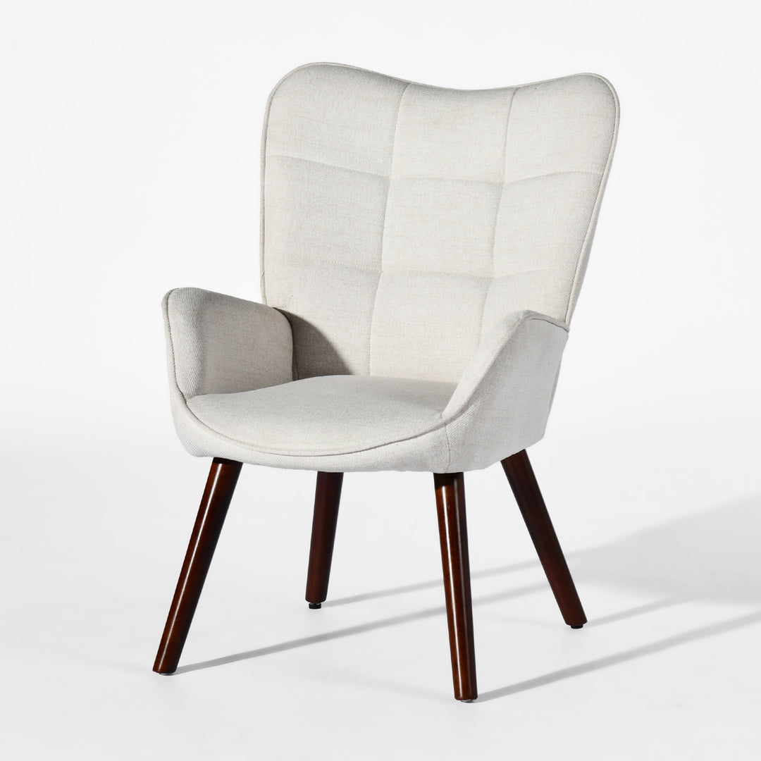 FurnitureR Ohrensessel mit Knopfheftung für Schlaf-/Wohnzimmer, ergonomischer Sessel mit hoher Rückenlehne, Stoffbezug, Beige/Walnuss