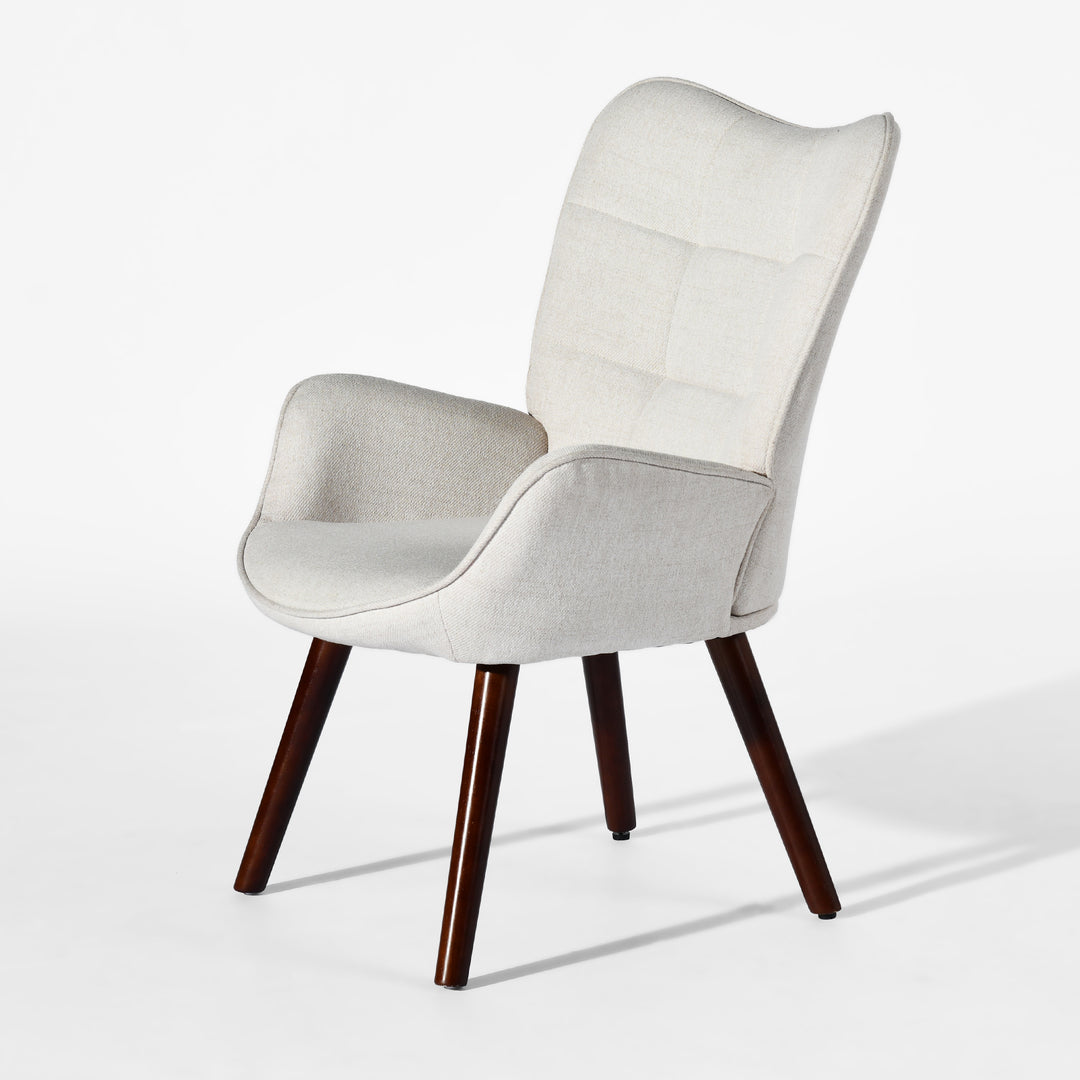 FurnitureR Ohrensessel mit Knopfheftung für Schlaf-/Wohnzimmer, ergonomischer Sessel mit hoher Rückenlehne, Stoffbezug, Beige/Walnuss