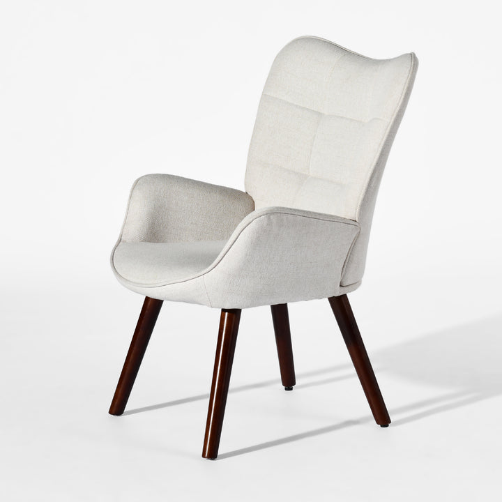 FurnitureR Ohrensessel mit Knopfheftung für Schlaf-/Wohnzimmer, ergonomischer Sessel mit hoher Rückenlehne, Stoffbezug, Beige/Walnuss