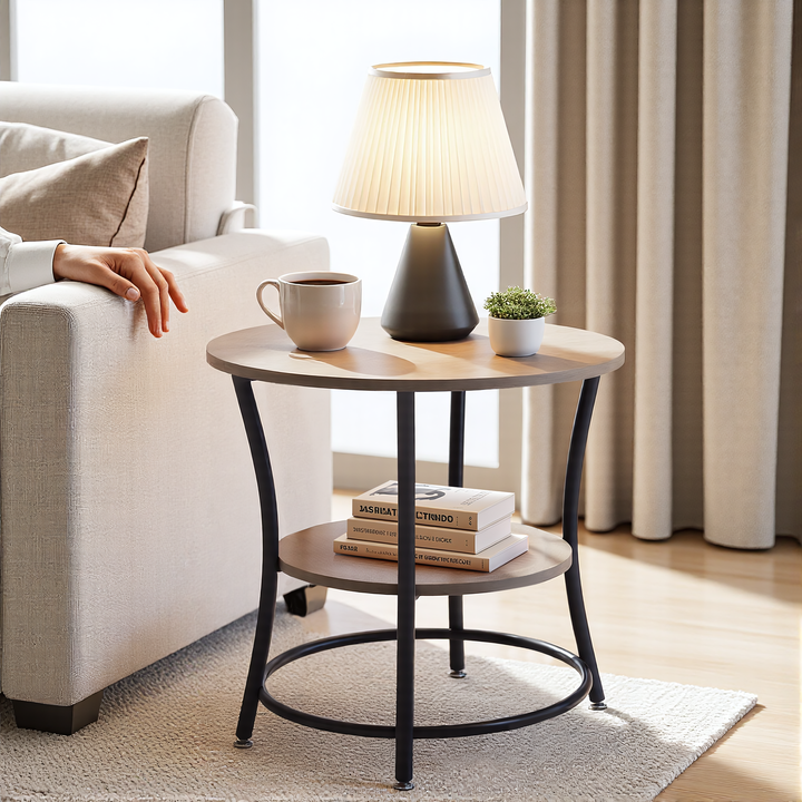 FurnitureR runder Beistelltisch mit zwei Ebenen, 55 cm Durchmesser, ideal als Akzenttisch für Wohnzimmer oder Schlafzimmer, Metallgestell und MDF-Holzplatte, einfache Montage, 1 Stück, Braun 