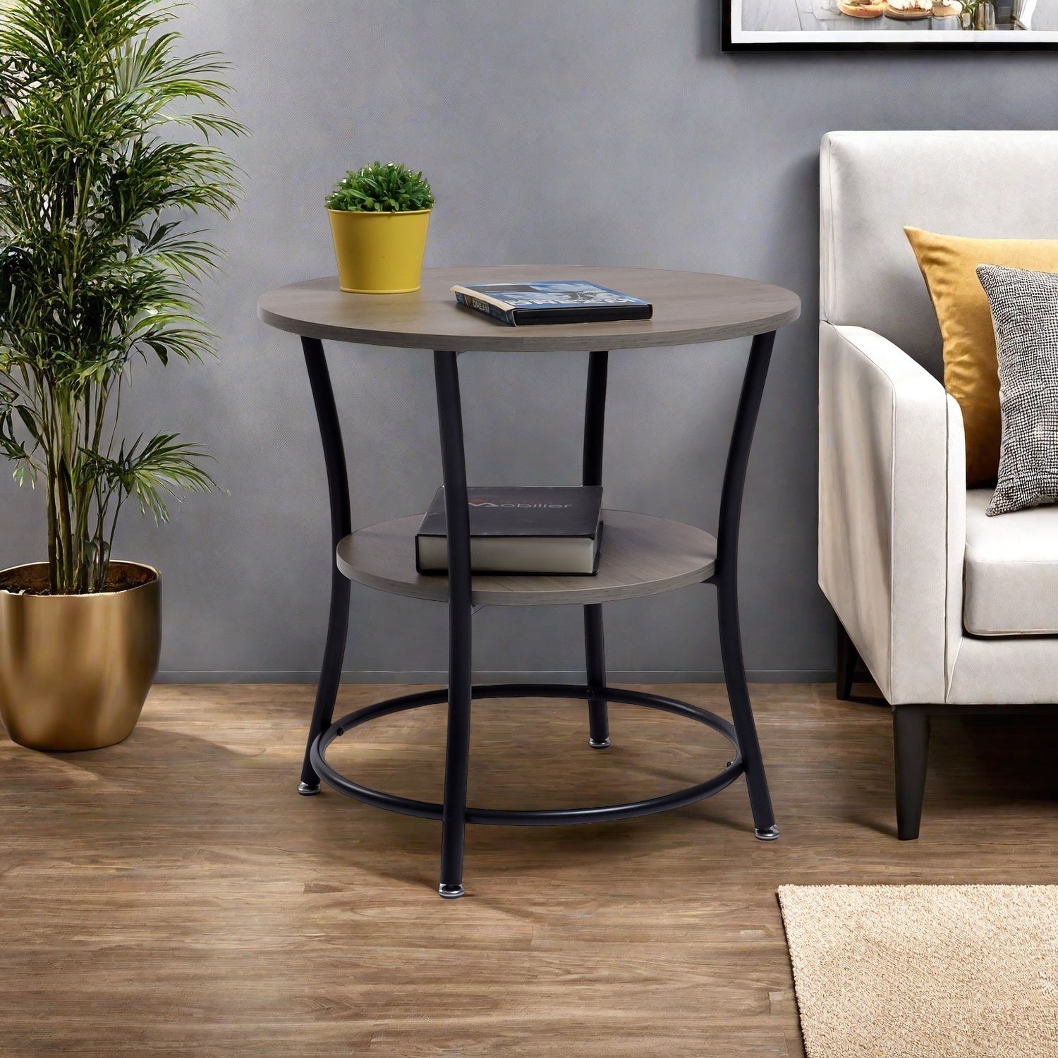 Table d'appoint ronde à 2 niveaux FurnitureR, 55 cm (21,65 po), idéale comme table de chevet ou table d'appoint pour canapé, pour salon ou chambre. Structure en métal et plateau en MDF. Montage facile. Vendue à l'unité. Couleur : marron. 