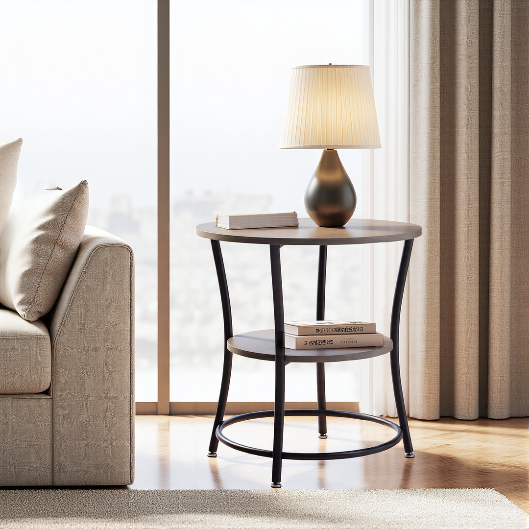 FurnitureR runder Beistelltisch mit zwei Ebenen, 55 cm Durchmesser, ideal als Akzenttisch für Wohnzimmer oder Schlafzimmer, Metallgestell und MDF-Holzplatte, einfache Montage, 1 Stück, Braun 
