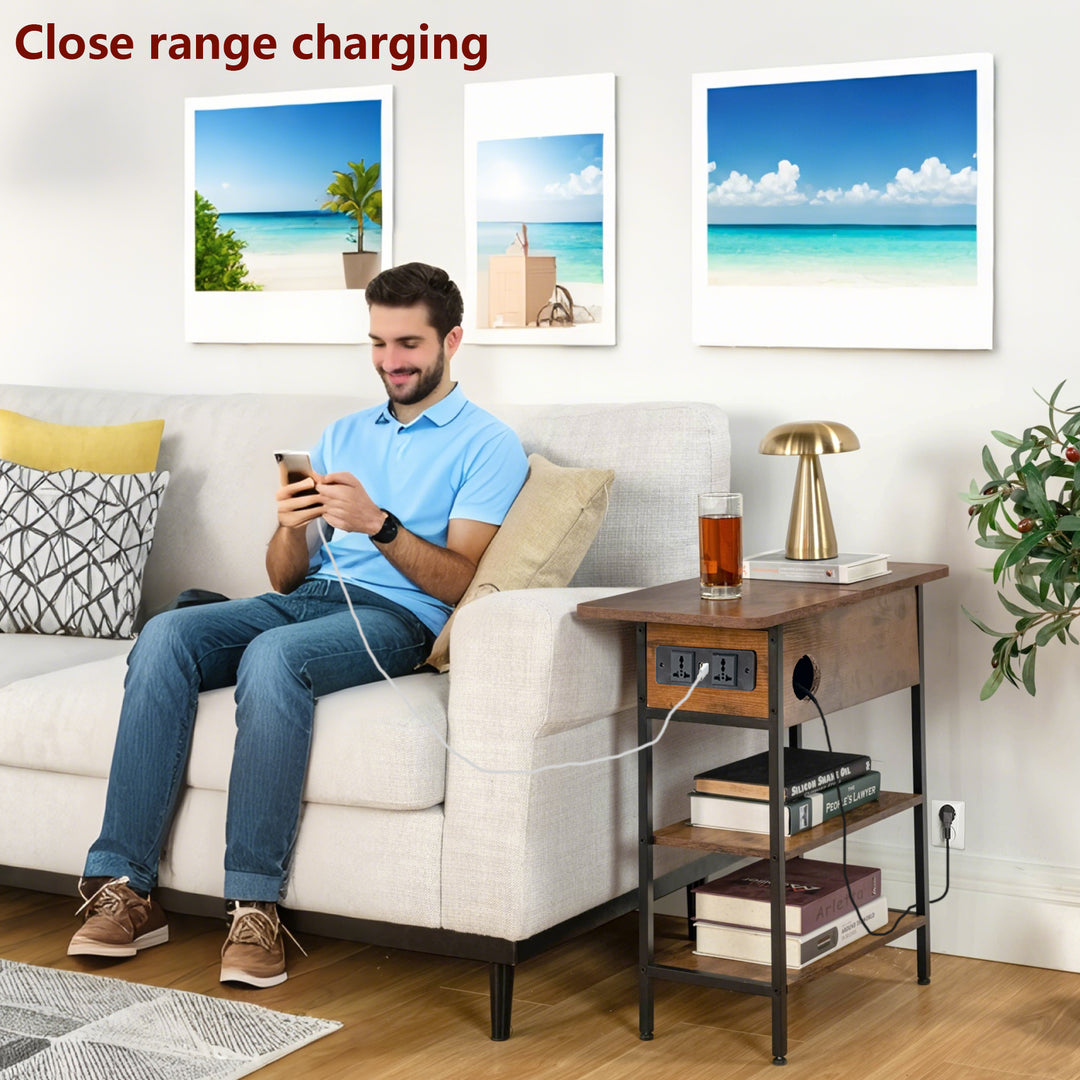 Table de chevet FurnitureR avec station de charge, ports USB et prises électriques, table d'appoint à 3 niveaux avec étagères de rangement et placard pour salon, chambre 