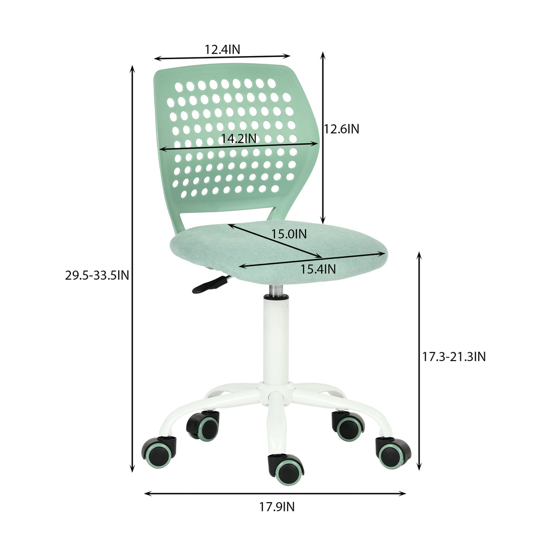 Chaise de bureau sans accoudoirs FurnitureR avec roulettes, compacte, pivotante et réglable en hauteur, idéale pour étudier ou travailler sur ordinateur. Dossier respirant, vert.