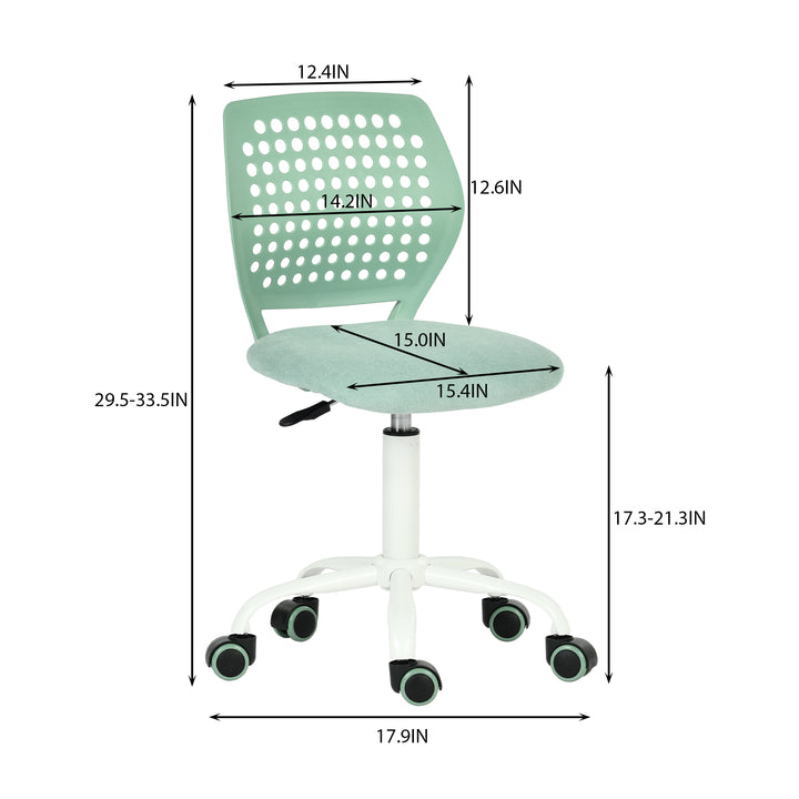 Chaise de bureau sans accoudoirs FurnitureR avec roulettes, compacte, pivotante et réglable en hauteur, idéale pour étudier ou travailler sur ordinateur. Dossier respirant, vert.