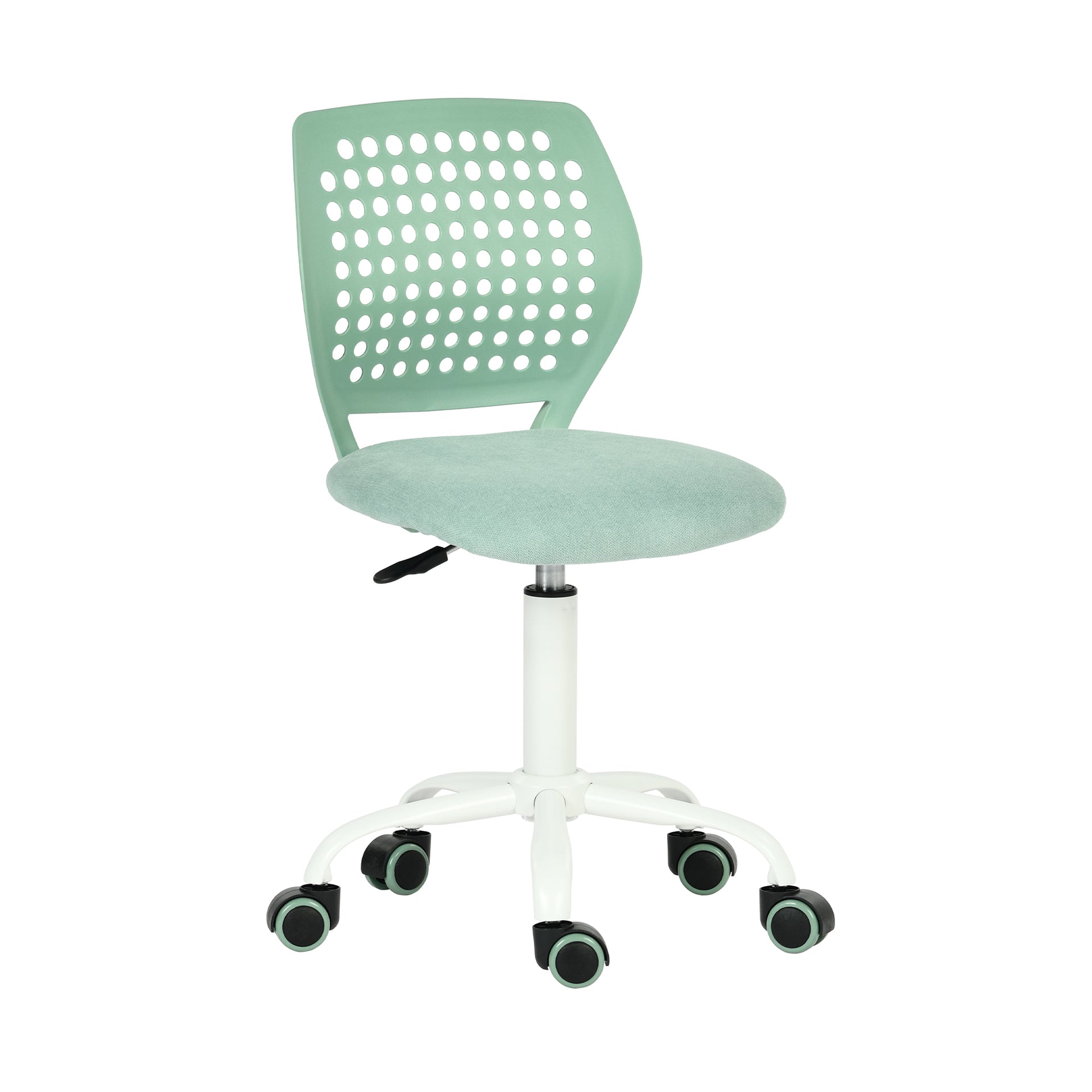 Chaise de bureau sans accoudoirs FurnitureR avec roulettes, compacte, pivotante et réglable en hauteur, idéale pour étudier ou travailler sur ordinateur. Dossier respirant, vert.