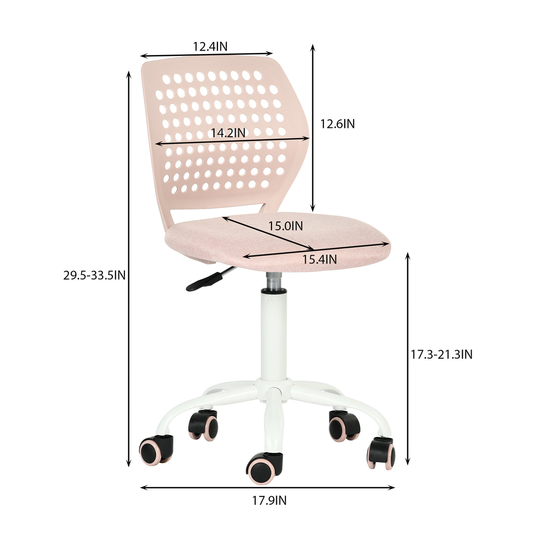 Chaise de bureau sans accoudoirs FurnitureR avec roulettes, compacte, pivotante et réglable en hauteur, idéale pour étudier ou travailler sur ordinateur. Dossier respirant, rose.