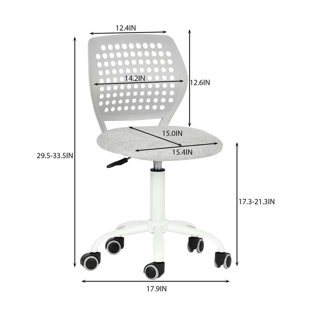 Chaise de bureau sans accoudoirs FurnitureR avec roulettes, compacte, pivotante et réglable en hauteur, idéale pour étudier ou travailler sur ordinateur. Dossier respirant, gris.