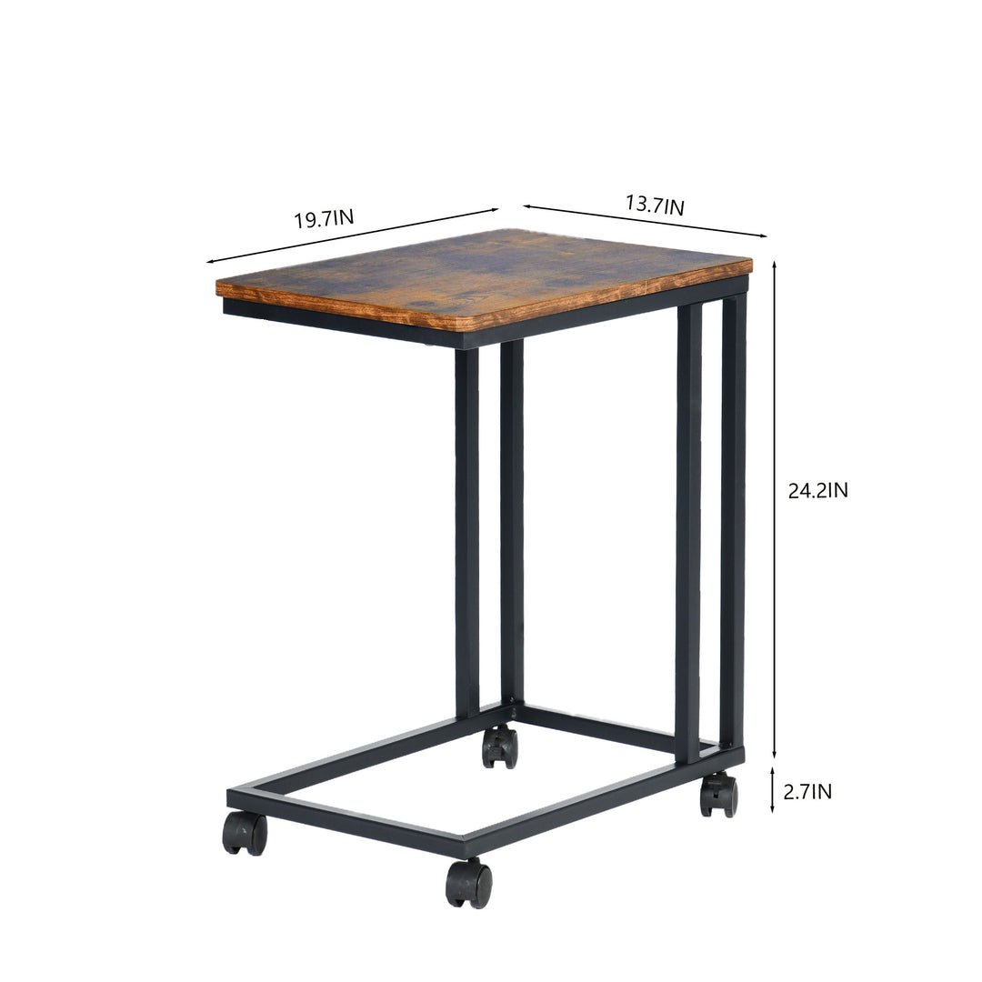 FurnitureR Beistelltisch C-förmig, Snacktisch mit Rollen für Sofa, Couch und Bett, tragbar, einfache Montage, Metallgestell, rustikales Braun