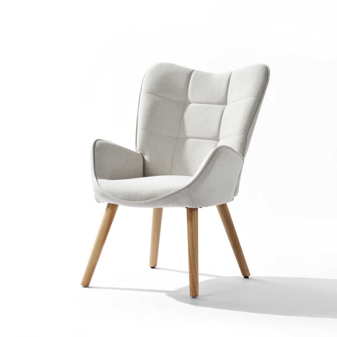 Gepolsterter Ohrensessel von FurnitureR, bequemer und stilvoller Wohnzimmersessel mit Stoffbezug und Beinen aus Massivholz, Beige/Eiche