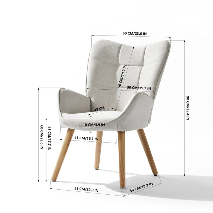 Gepolsterter Ohrensessel von FurnitureR, bequemer und stilvoller Wohnzimmersessel mit Stoffbezug und Beinen aus Massivholz, Beige/Eiche