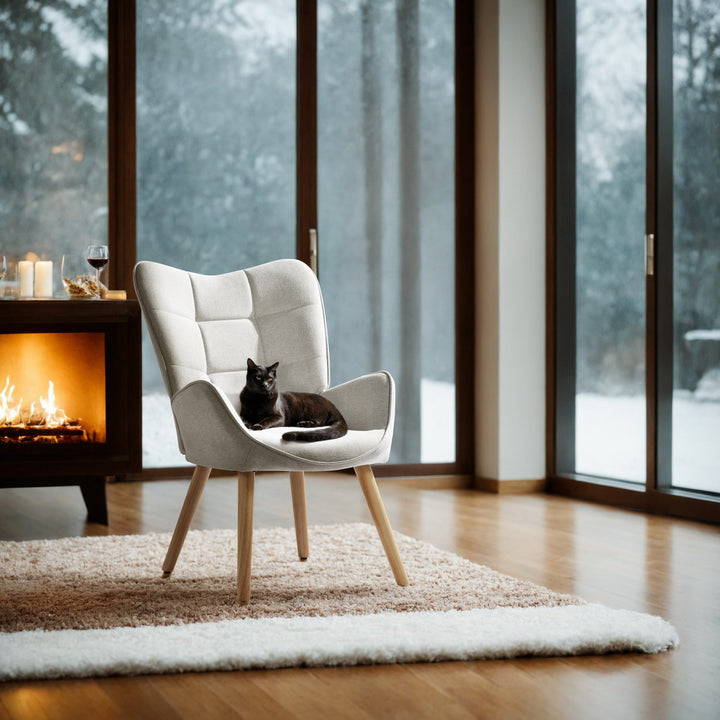 Gepolsterter Ohrensessel von FurnitureR, bequemer und stilvoller Wohnzimmersessel mit Stoffbezug und Beinen aus Massivholz, Beige/Eiche