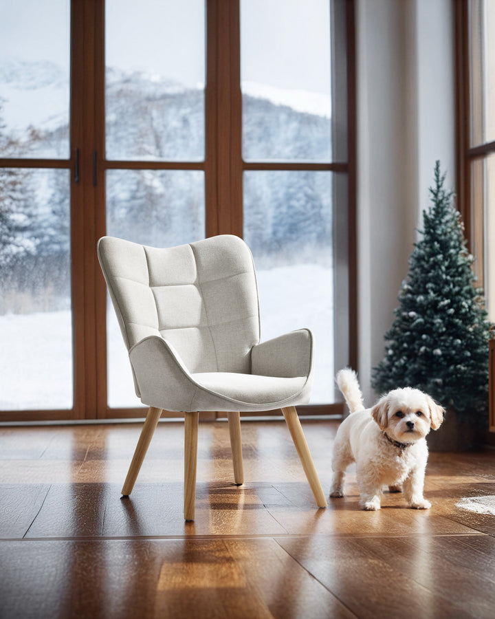 Gepolsterter Ohrensessel von FurnitureR, bequemer und stilvoller Wohnzimmersessel mit Stoffbezug und Beinen aus Massivholz, Beige/Eiche