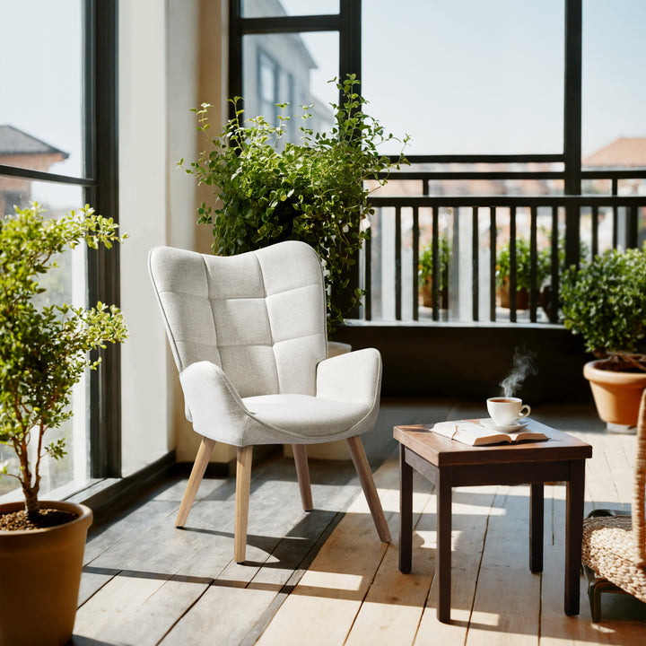 FurnitureR Chaise d'appoint avec pieds en bois de hêtre naturel, fauteuil en tissu pour salon, bureau, salon, réception, beige