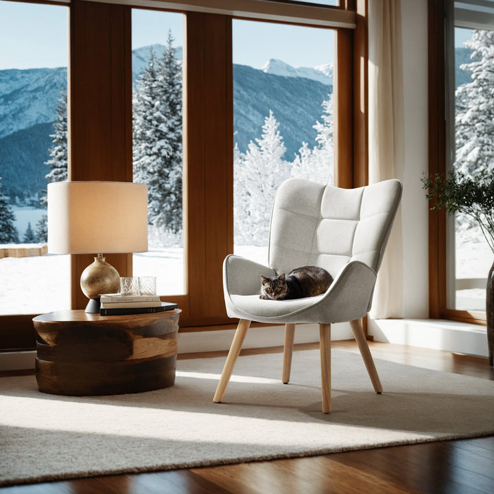 FurnitureR Chaise d'appoint avec pieds en bois de hêtre naturel, fauteuil en tissu pour salon, bureau, salon, réception, beige