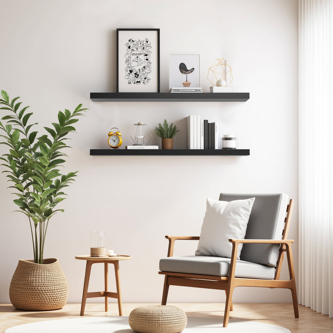 Ensemble de 2 étagères flottantes FurnitureR, étagères murales décoratives, étagère murale rustique pour salon, 80 cm de large, noir