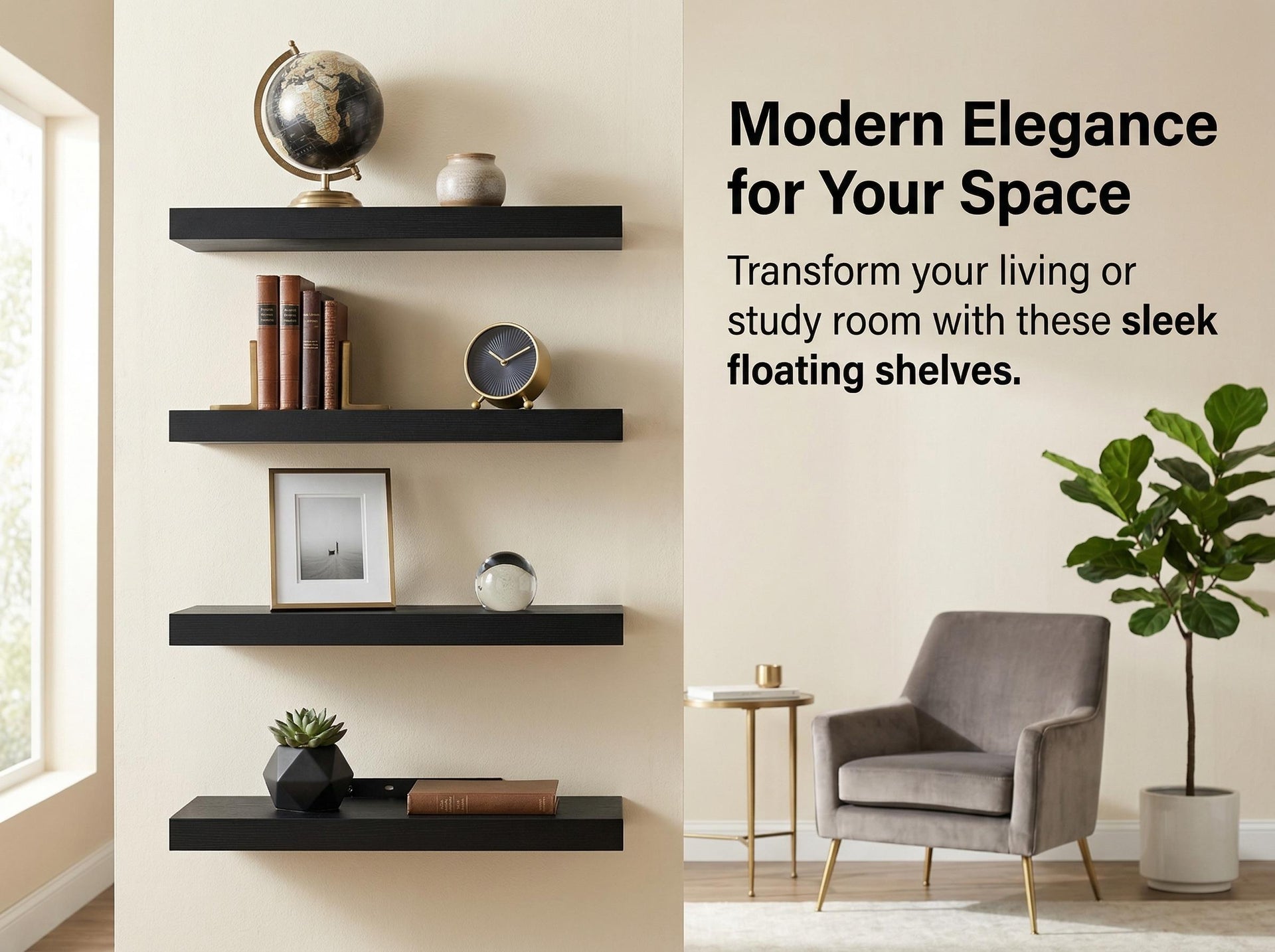 FurnitureR Étagère Murale Bois Noir 4 Pièces | MDF & Métal – FurnitureR