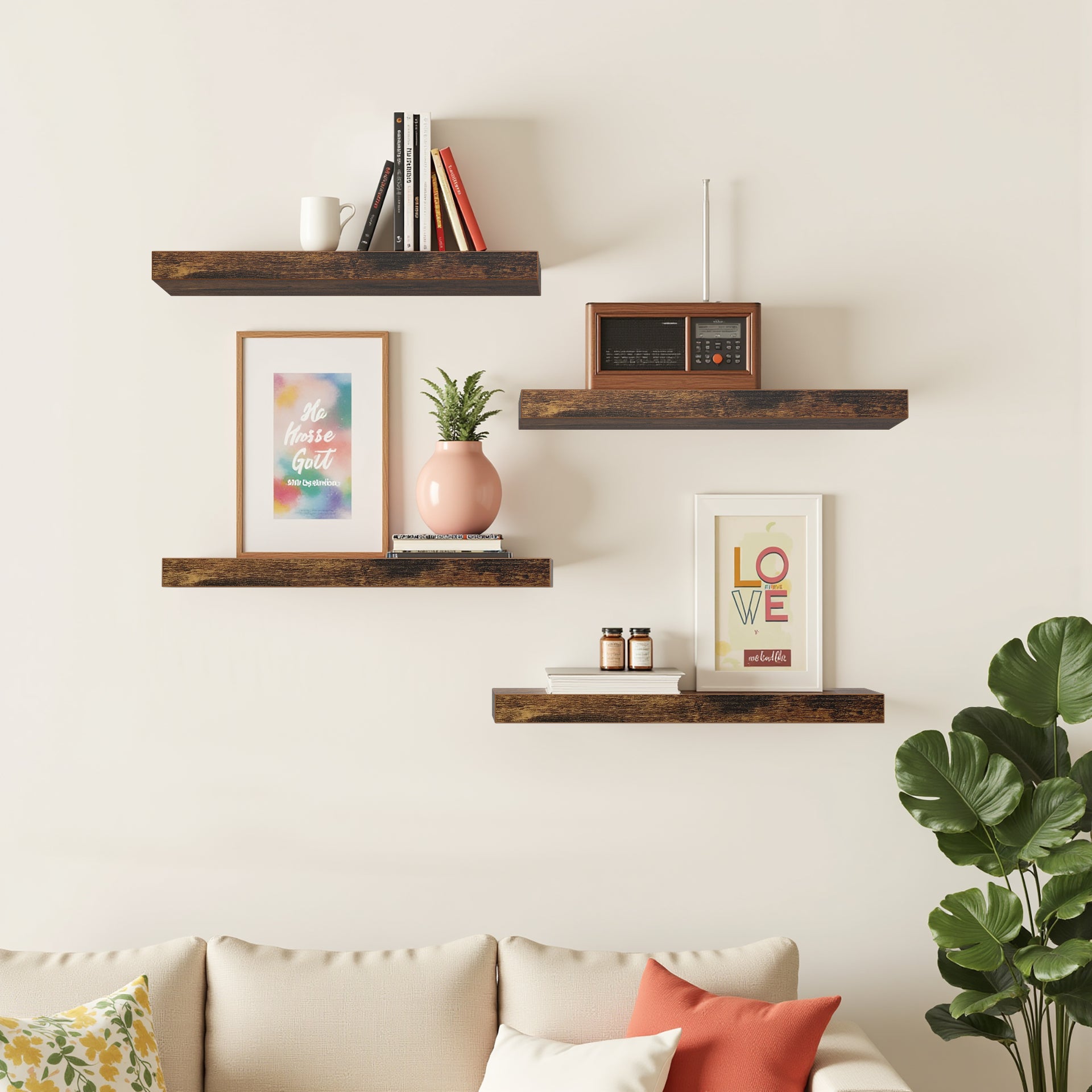 Étagères murales flottantes FurnitureR, 40 cm de large, style rustique, en bois, décoratives, fixation murale invisible, marron