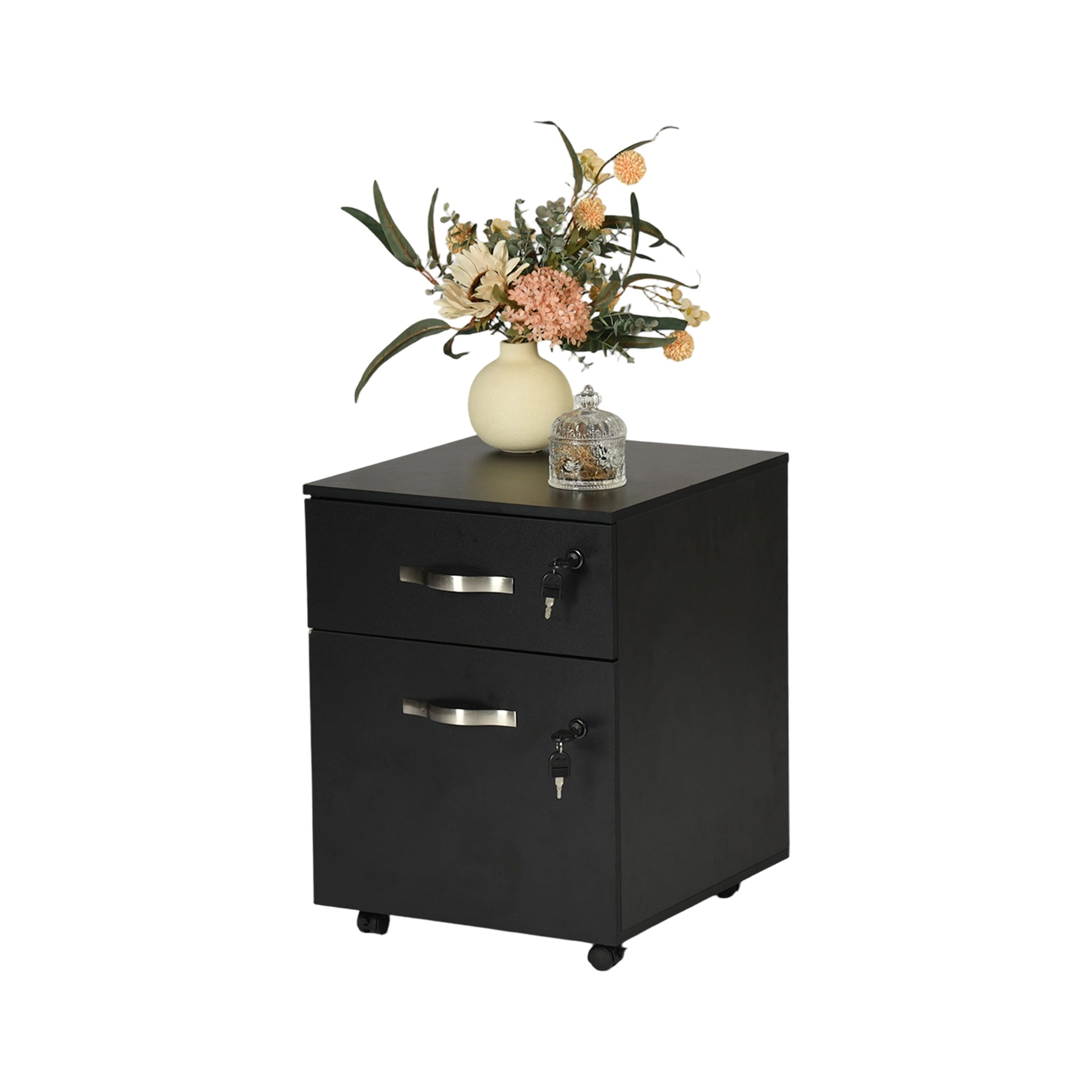Classeur mobile FurnitureR avec serrure, classeur en bois à 2 tiroirs et roulettes, organisateur de rangement de bureau verrouillable pour dossiers de format A4/Lettre/Légal