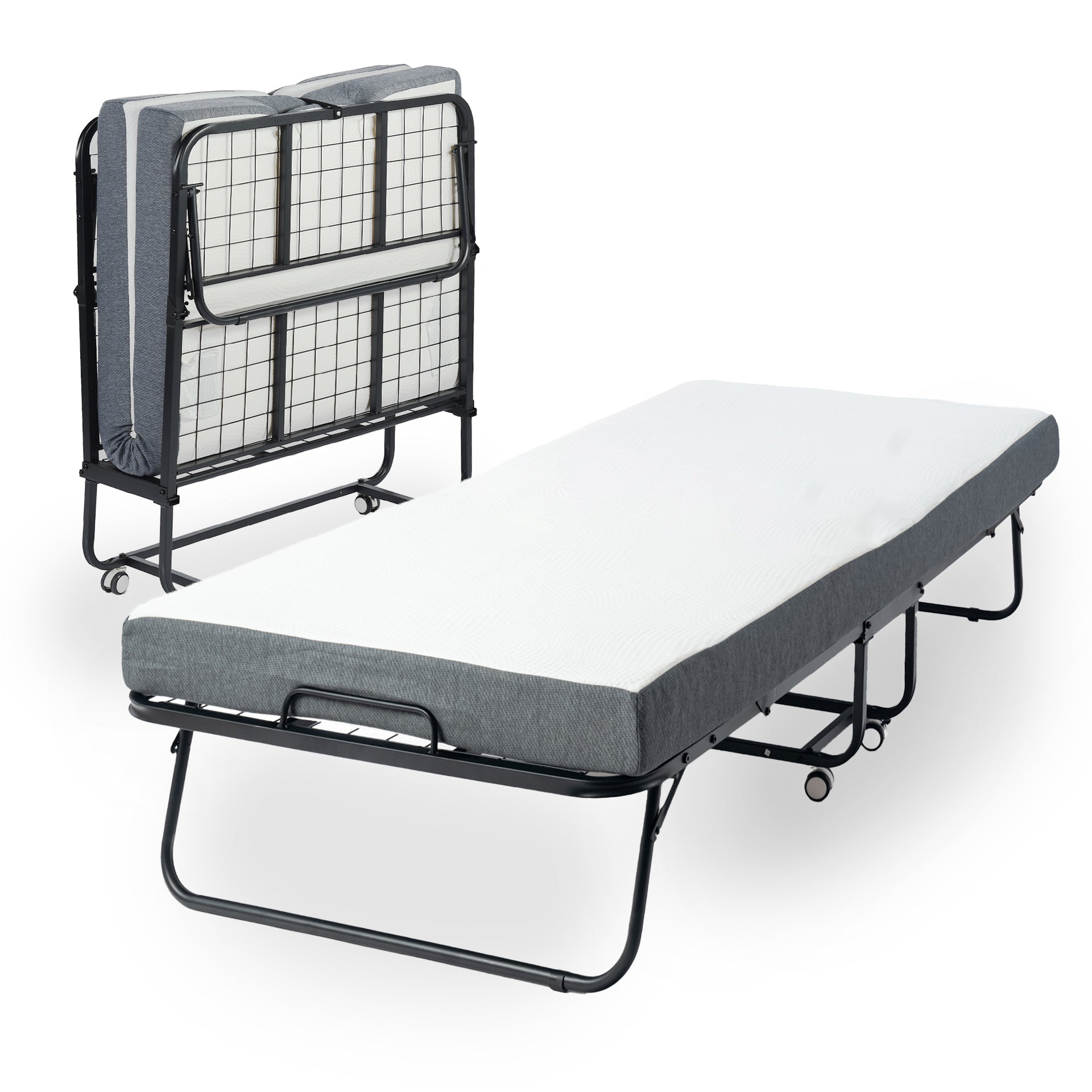 Lit pliant FurnitureR avec matelas en mousse à mémoire de forme de 12,7 cm (5 pouces) – Lit d'appoint portable à roulettes, cadre métallique pliable pour adultes, robuste