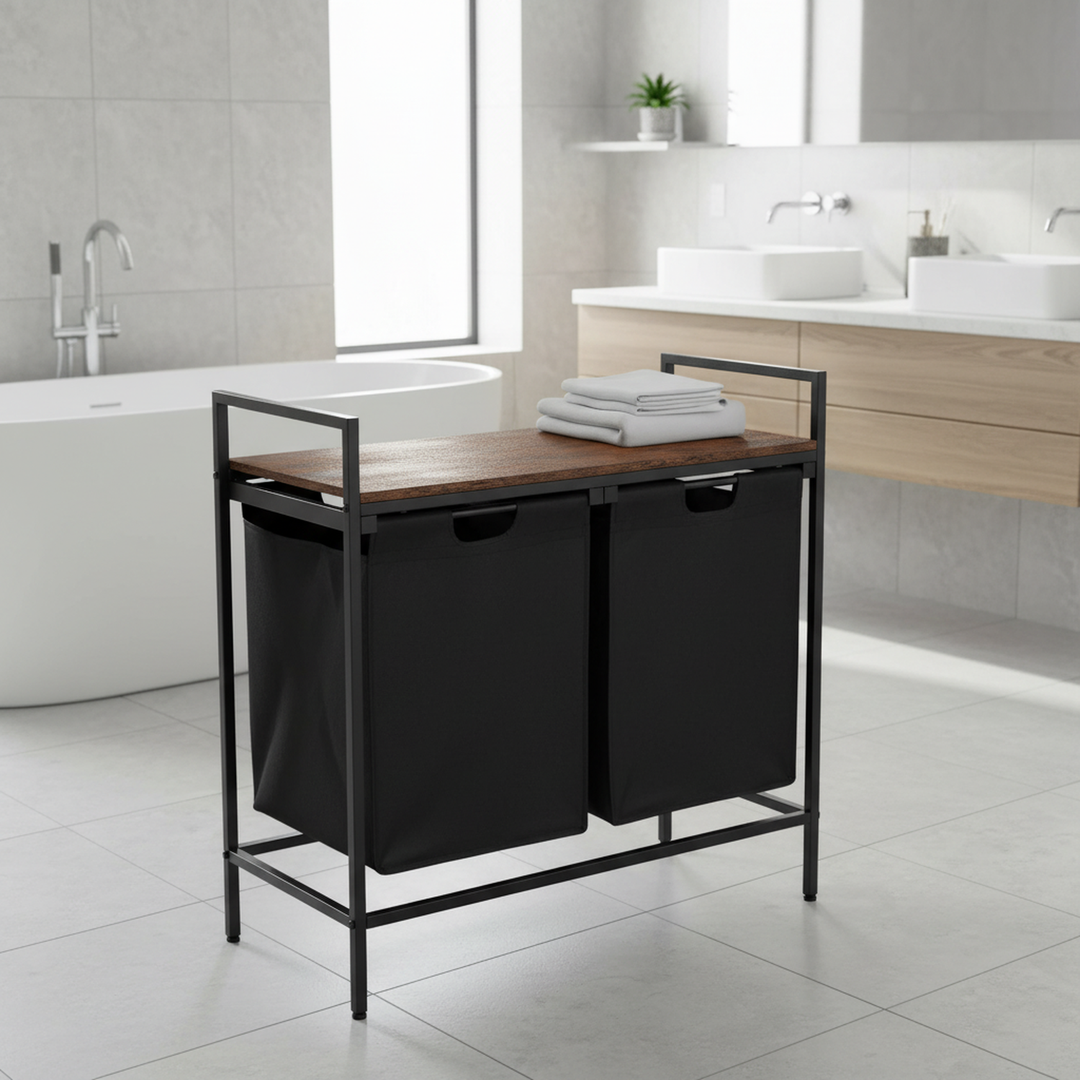 Panier à linge FurnitureR à 2 compartiments avec étagère, trieur à linge à 2 bacs avec sacs amovibles et couvercle en bois, panier à linge de 73 cm de large