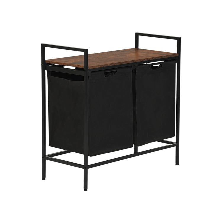 Panier à linge FurnitureR à 2 compartiments avec étagère, trieur à linge à 2 bacs avec sacs amovibles et couvercle en bois, panier à linge de 73 cm de large