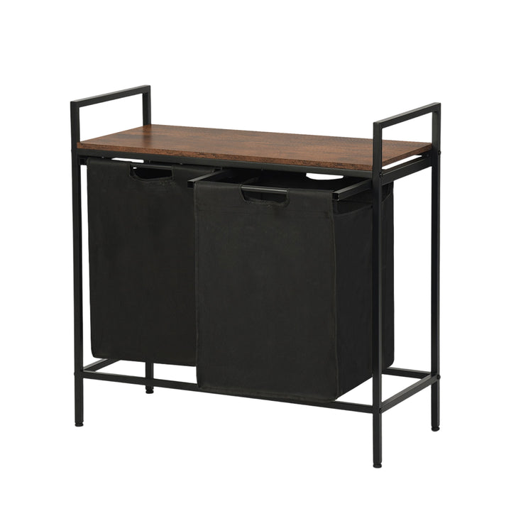 Panier à linge FurnitureR à 2 compartiments avec étagère, trieur à linge à 2 bacs avec sacs amovibles et couvercle en bois, panier à linge de 73 cm de large