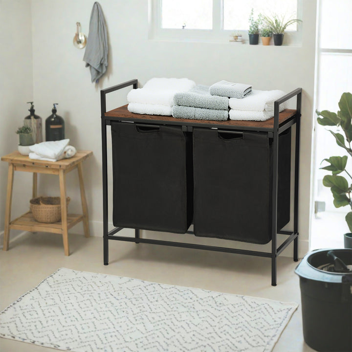 Panier à linge FurnitureR à 2 compartiments avec étagère, trieur à linge à 2 bacs avec sacs amovibles et couvercle en bois, panier à linge de 73 cm de large