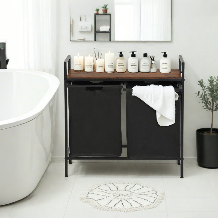 FurnitureR 28,74'' Wäschekorb mit 2 Fächern, Ablage, 2-Behälter-Wäschesortierer mit herausnehmbaren Beuteln und Holzdeckel, Braun/Schwarz