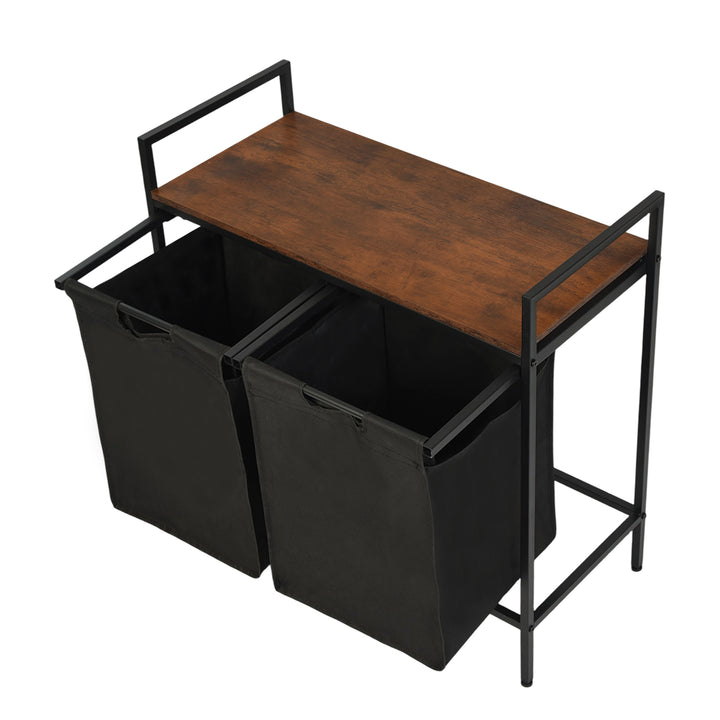 FurnitureR 28,74'' Wäschekorb mit 2 Fächern, Ablage, 2-Behälter-Wäschesortierer mit herausnehmbaren Beuteln und Holzdeckel, Braun/Schwarz