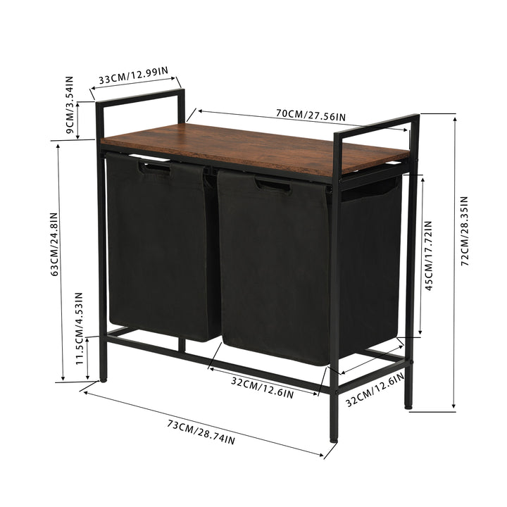 Panier à linge FurnitureR à 2 compartiments avec étagère, trieur à linge à 2 bacs avec sacs amovibles et couvercle en bois, panier à linge de 73 cm de large