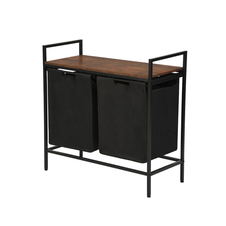 FurnitureR 28,74'' Wäschekorb mit 2 Fächern, Ablage, 2-Behälter-Wäschesortierer mit herausnehmbaren Beuteln und Holzdeckel, Braun/Schwarz