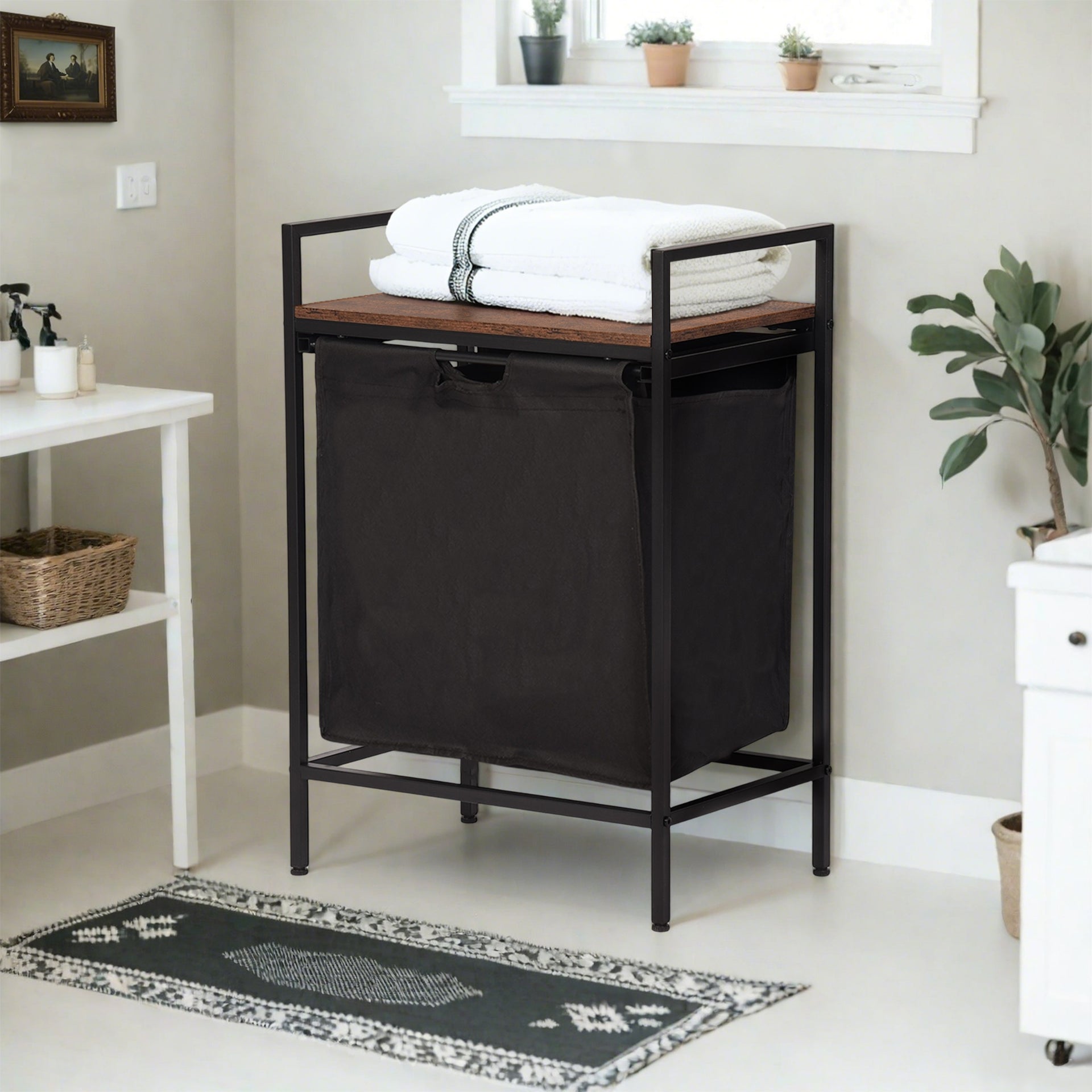 Panier à linge FurnitureR 50 cm avec étagère, trieur de linge à 1 compartiment avec sac amovible et couvercle en bois, panier à linge large en métal marron/noir