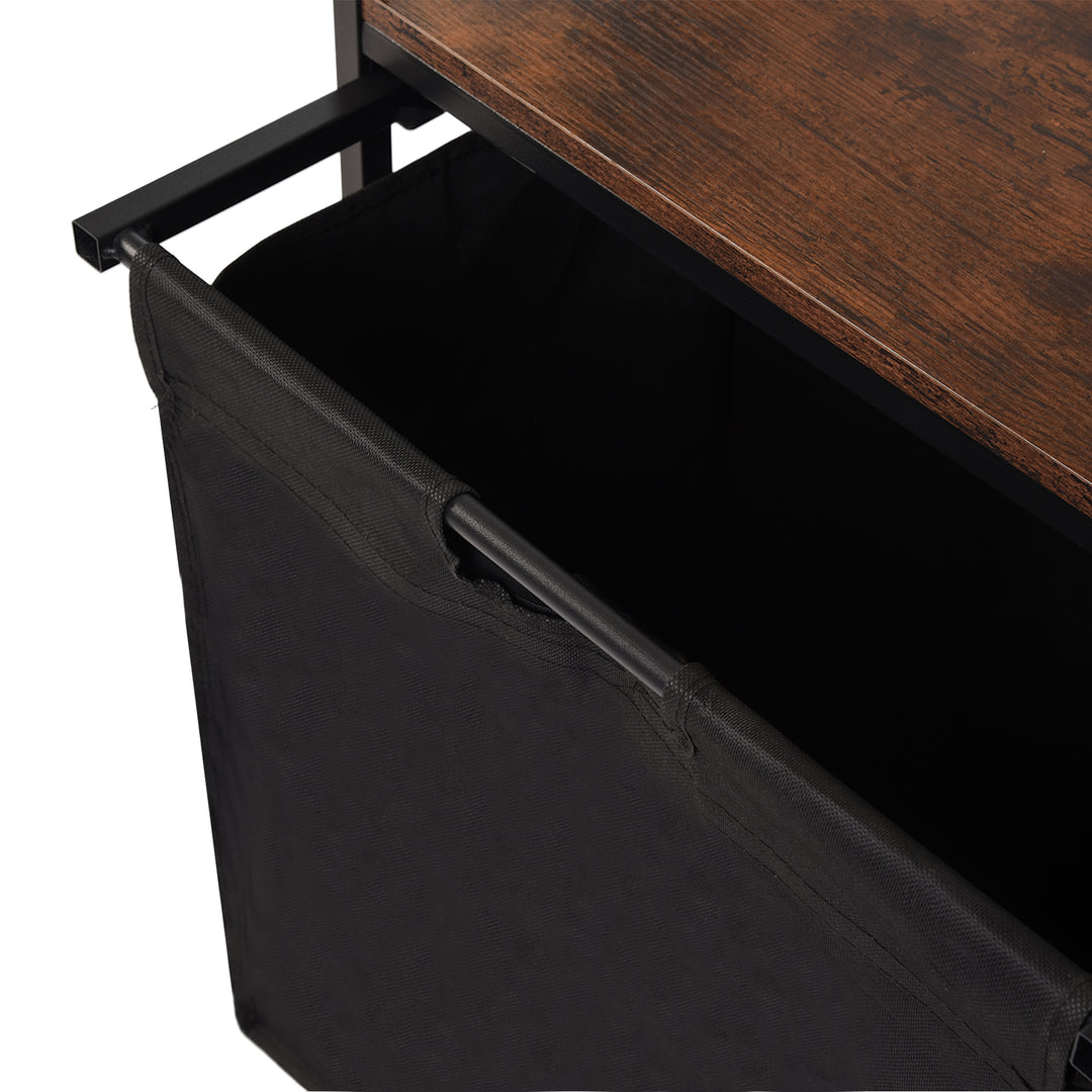 Panier à linge FurnitureR 50 cm avec étagère, trieur de linge à 1 compartiment avec sac amovible et couvercle en bois, panier à linge large en métal marron/noir
