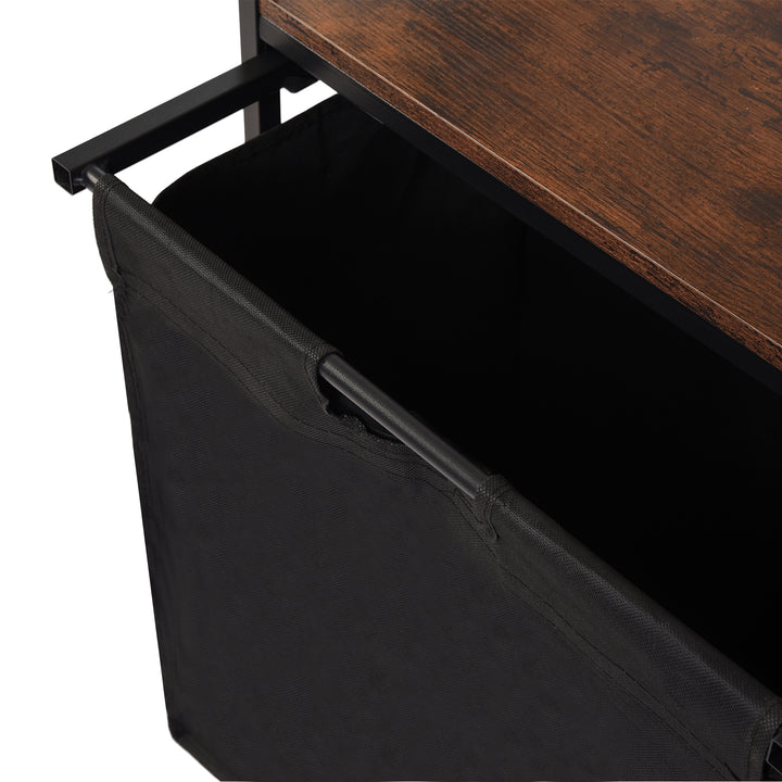 Panier à linge FurnitureR 50 cm avec étagère, trieur de linge à 1 compartiment avec sac amovible et couvercle en bois, panier à linge large en métal marron/noir